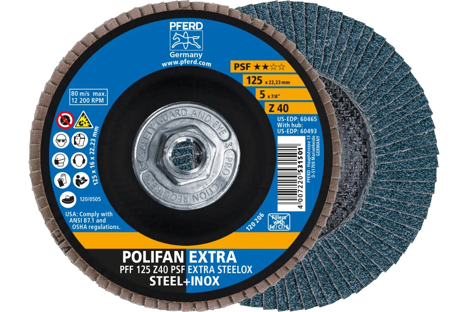 Picture of Pferd Flap Disc, 5" x 5/8-11, Z PSF Extra Steelox, 40 Grit, T27, Flat, Zirconia